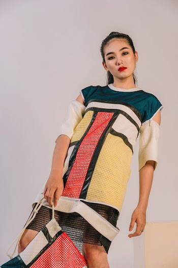 Woman Wearing White, Red, and Green Cold-shoulder Dress