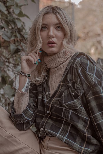 Woman Wears Black and Gray Cardigan Close-up Photography