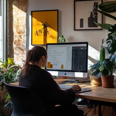 Woman website developer and designer working in office during daylight Woman website developer and designer working in office during daylight