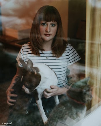 Woman with a Boston Terrier looking out the window during social isola.. | Free  photo - 2332452