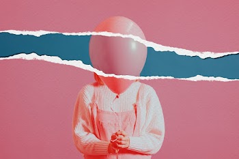 Woman with balloon image in torn paper style | Free stock illustration | High Resolution graphic