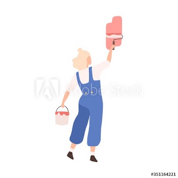 Woman with bucket of paint and roll depict colorful image on wall vector flat illustration
