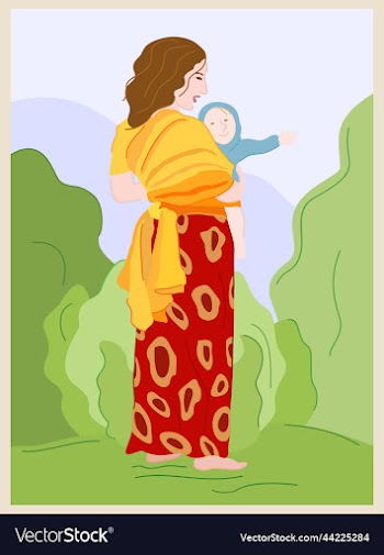 woman with child in sling walks in the garden