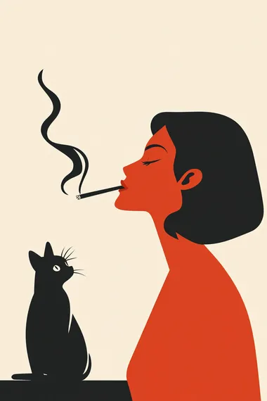 Woman with cigarette and espresso in cozy living room with black cat