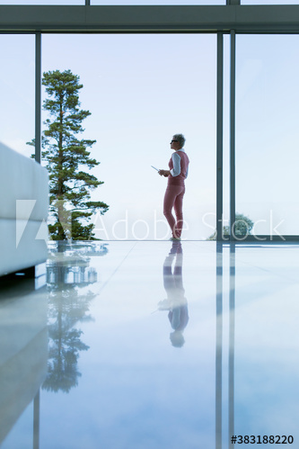 Woman with digital tablet in patio doorway