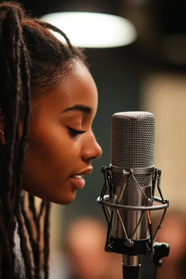 Woman with dreadlocks singing into a microphone in hip office crowd