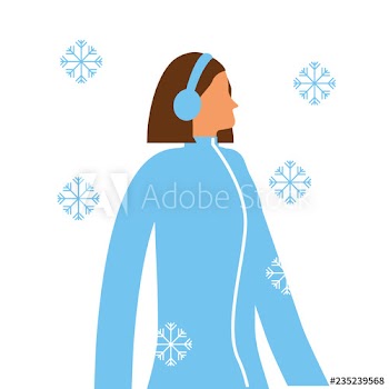 woman with headphones and winter snowflakes