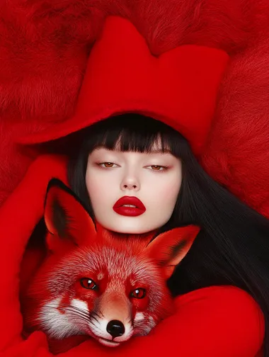 Woman with Long Black Hair in Red Outfit with Red Fox in Urban Setting