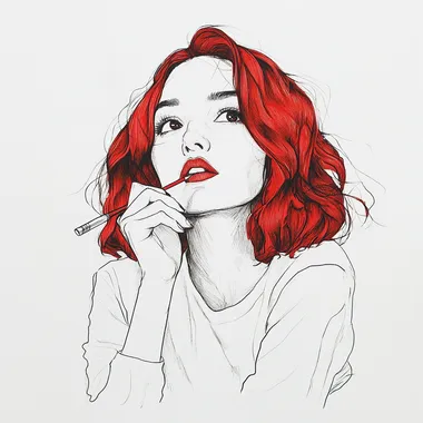Woman with red hair in minimalist line drawing, front view, smoking. Woman with red hair in minimalist line drawing, front view, smoking.