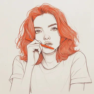 Woman with red hair in minimalist line drawing, thinking with pencil Woman with red hair in minimalist line drawing, thinking with pencil