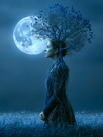 Woman with Tree Roots and Blue Moon