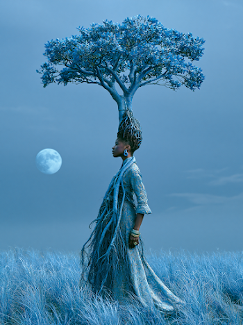 Woman with Tree Roots and Blue Moon
