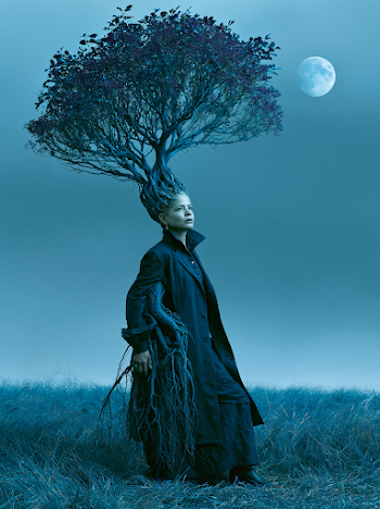 Woman with Tree Roots for Hair Under a Blue Moon