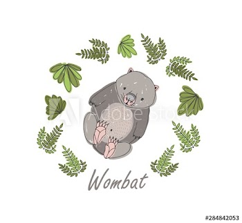Wombat surrounded by plants isolated on white background