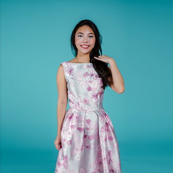 Women's Gray and Purple Floral Boat-neck Sleeveless Dress