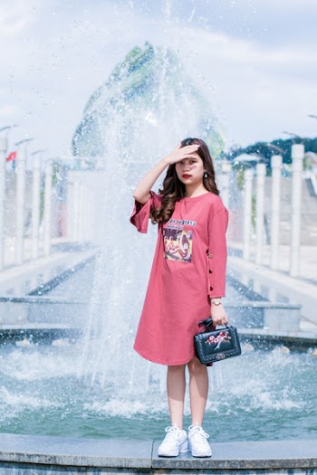 Women's Pink Crew-neck Long-sleeved Dress