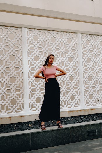 Women's Pink Shirt and Black Maxi Skirt