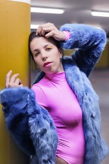 Women's Pink Turtle-neck Shirt and Gray Fur Coat