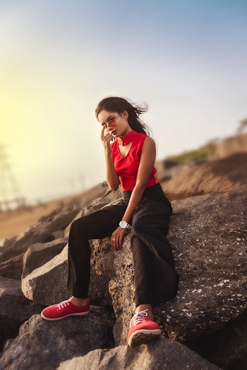 Women's Red Sleeveless Top and Black Pants