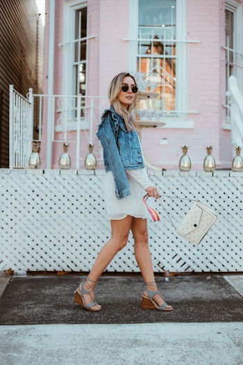 Women's White Cocktail Dress and Blue Denim Jacket Outfit