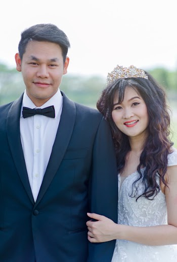 Women's White Floral Wedding Dress and Men's Black 1-button Blazer