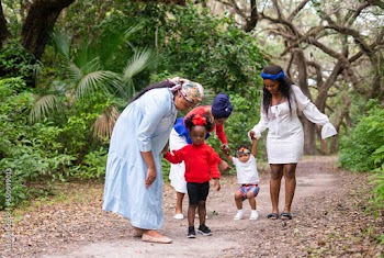 Women and children walking in park