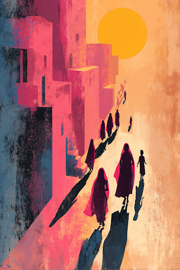 Women Marching in Pink Saris Through an Indian Street
