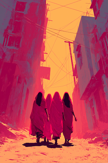 Women Marching in Pink Saris Through an Indian Street