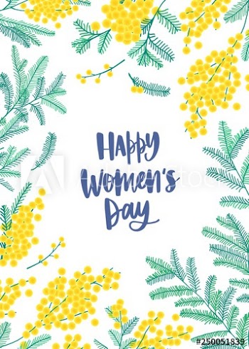 Women's Day flyer or poster template with wish written with cursive font and blooming mimosa flowers on white background