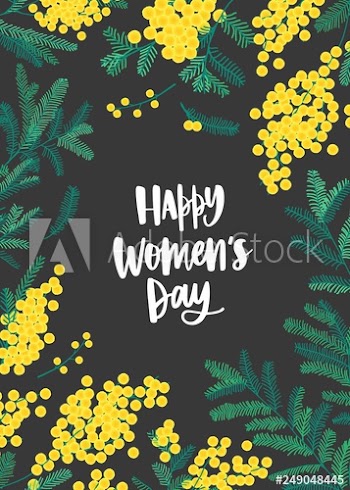 Women's Day greeting card template with lettering written with elegant font, yellow mimosa flowers and green leaves