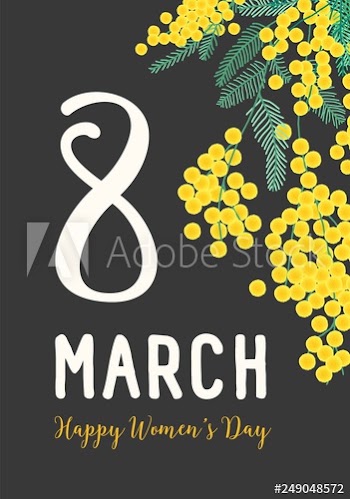 Women's Day postcard or party invitation template with holiday wish written with cursive font, blooming mimosa flowers and green leaves