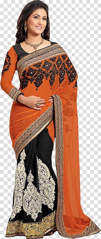 Women's orange and black sari dress, Hina Khan Wedding sari Georgette Lehenga-style saree, clearance sale. transparent background PNG clipart