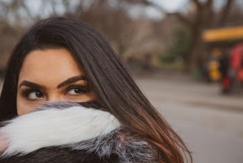 Women Wearing White Fury Scarf