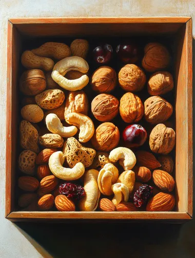 Wooden box of assorted nuts for living room decor: cranberries, cashews