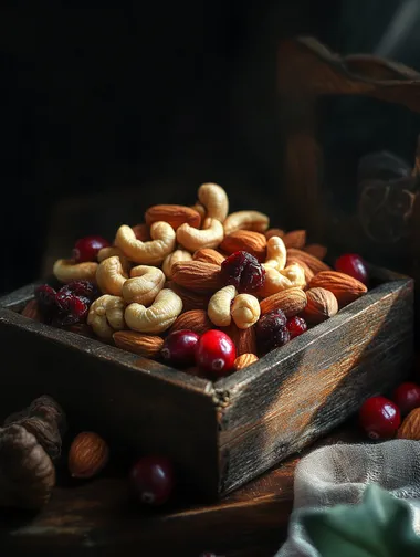Wooden box of nuts and cranberries for cozy living room decor Wooden box of nuts and cranberries for cozy living room decor
