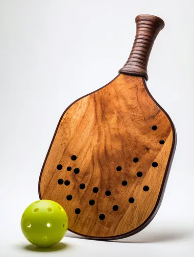 Wooden Pickleball Racket and Ball on White Background Wooden Pickleball Racket and Ball on White Background