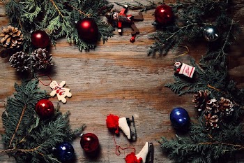 Woodgrain With Christmas Ornaments