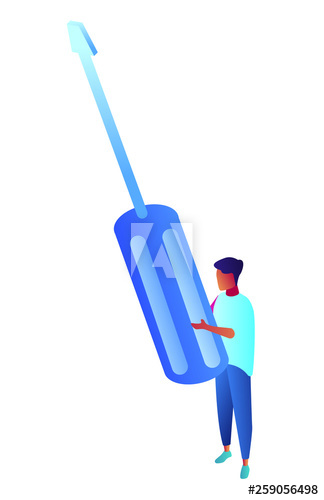 Worker holding a huge screwdriver, tiny people isometric 3D illustration