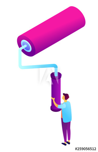 Worker holding huge paint roller, tiny people isometric 3D illustration