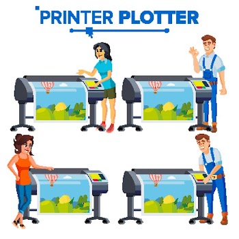 Workers With Plotter Set Vector. Woman, Man. Prints Beautiful Picture, Banner. Print Service. Large Format Multifunction Printer. Polygraphy. Full Color Latex, Laser Printer. Printshop. Illustration