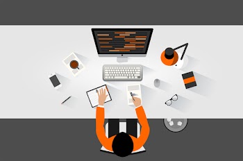  Workplace concept - Flat design of a clerk working at the desk 