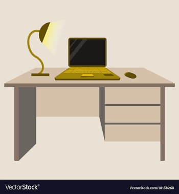 Workplace desk computer lamp top angle view flat vector image