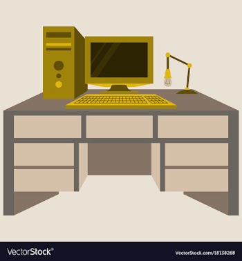 Workplace desk computer lamp top angle view flat vector image