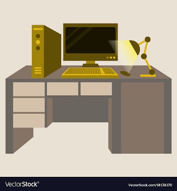 Workplace desk computer lamp top angle view flat vector image