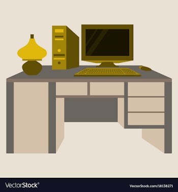 Workplace desk computer lamp top angle view flat vector image