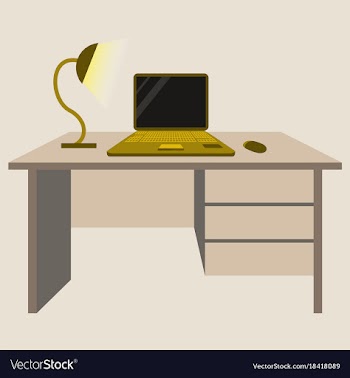 Workplace desk computer lamp top angle view flat vector image