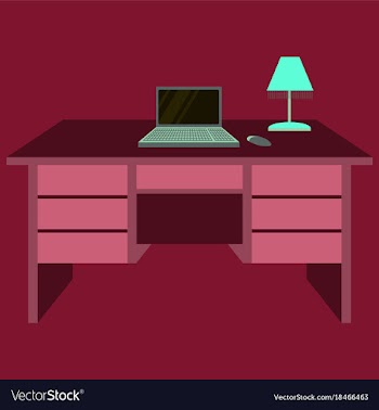 Workplace desk computer lamp top angle view flat vector image