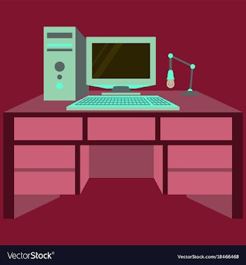 Workplace desk computer lamp top angle view flat vector image