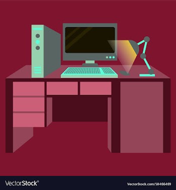 Workplace desk computer lamp top angle view flat vector image