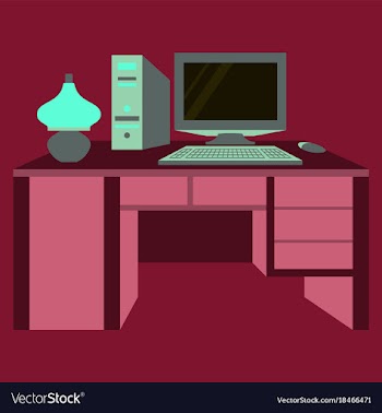 Workplace desk computer lamp top angle view flat vector image